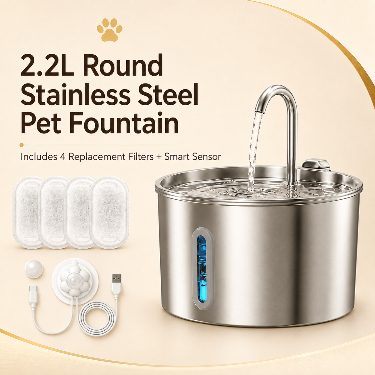 2.2L Quiet Stainless Steel Pet Fountain