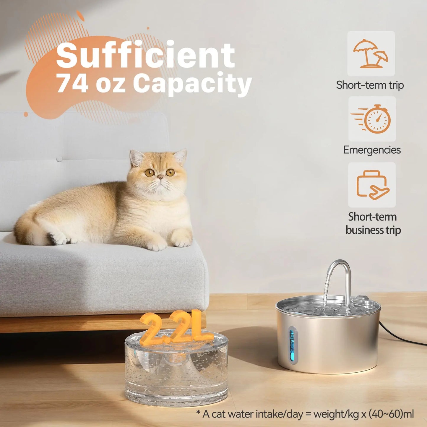 2.2L Automatic Water Fountain Stainless Steel Pet Water Feeder Cat/Dog Drink Bowl Water Dispenser Silent with Window