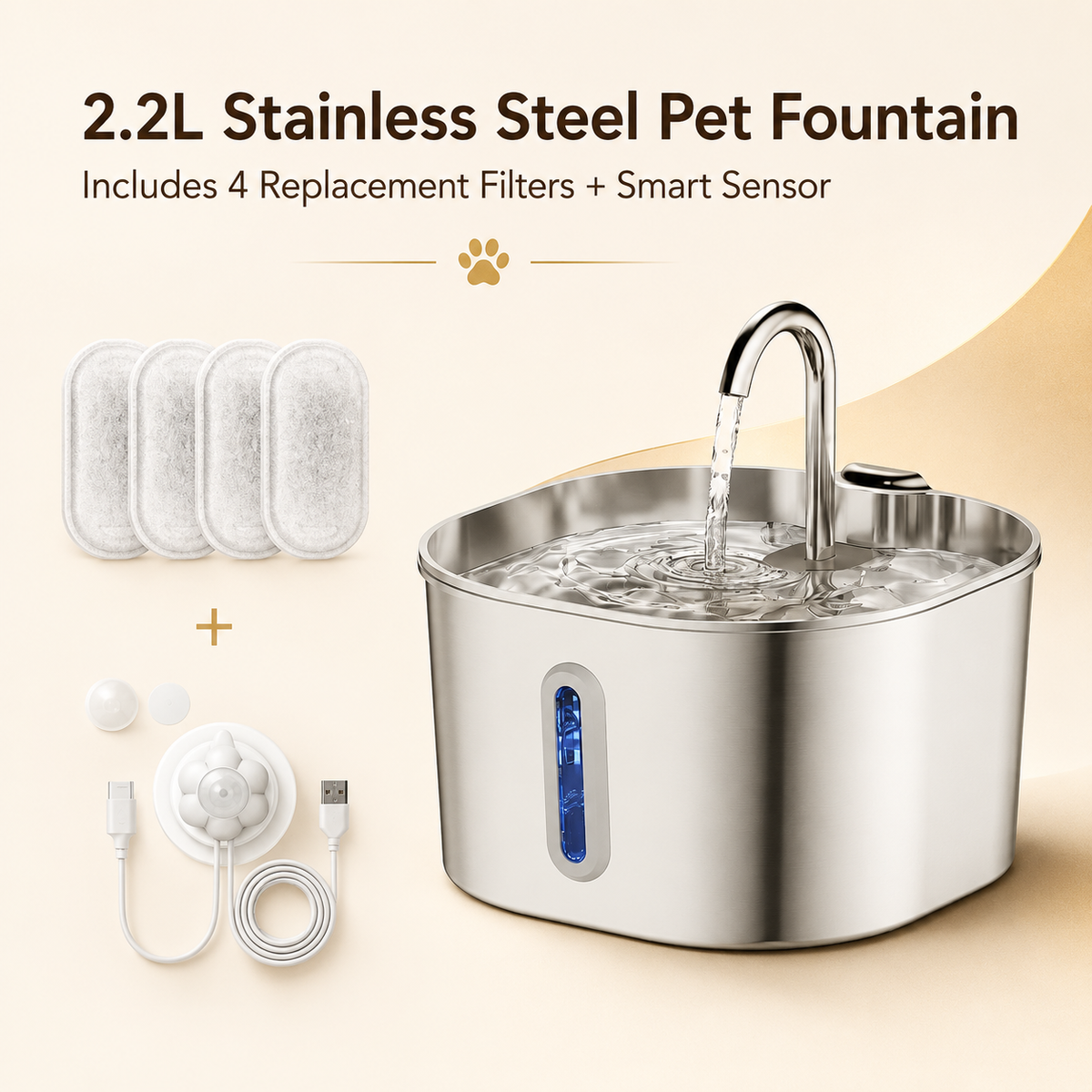 2.2L Quiet Stainless Steel Pet Fountain